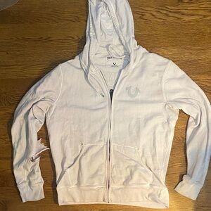 True Religion large white distressed zip logo Hoodie with Logo